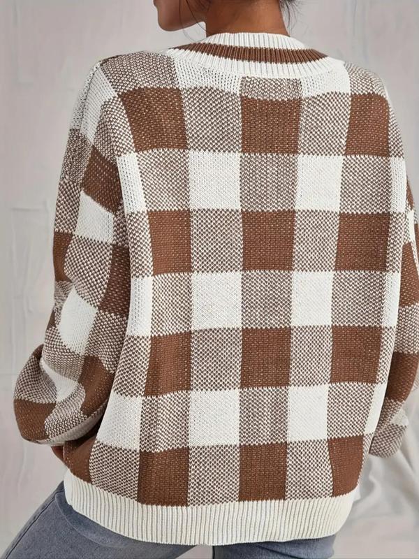 Women's Colorblock Plaid Print V Neck Sweater, Casual Drop Shoulder Long Sleeve Jumper for Spring & Fall, Fashion Women's Knitwear for Daily Wear