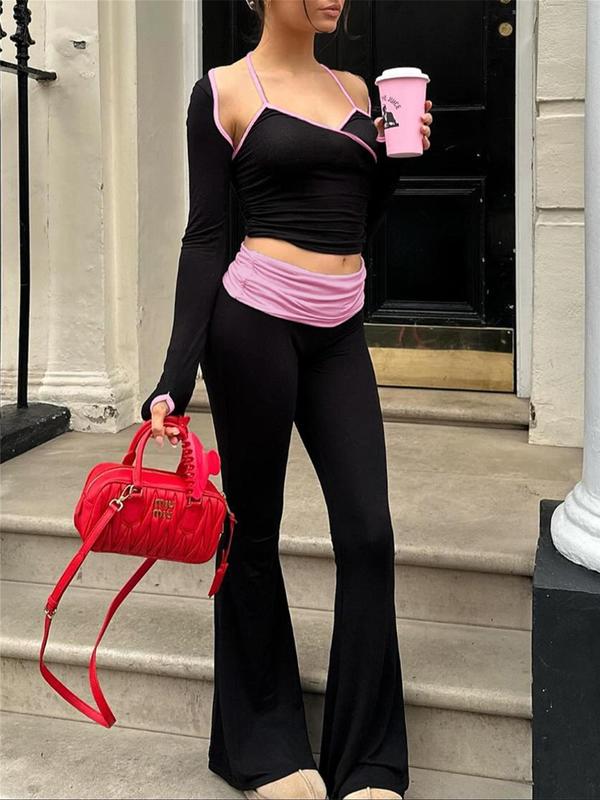 Two-piece Set Women's Contrast Binding Ruched Halter Crop Cami Top & High Waist Flare Leg Pants, Casual Sleeveless Tie Back Top & Bell Bottom Trousers for Summer,  Women's 2 Piece Sets, Ladies Clothes for Daily Wear