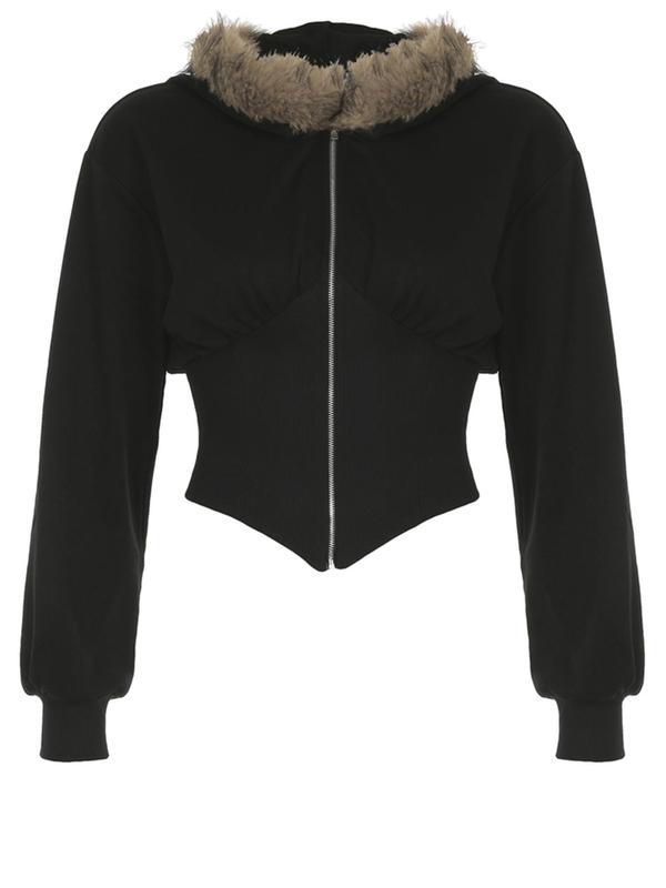 Women's Solid Zip Up Asymmetrical Hem Hooded Jacket, Casual Long Sleeve Zip Front Outerwear for Fall & Winter, Ladies Clothes for Daily Wear