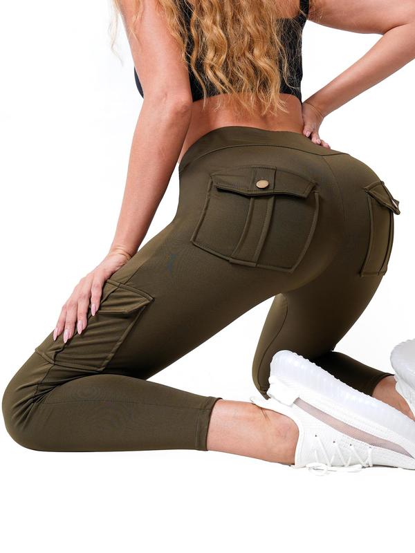 Women's Solid Flap Pocket High Waist Pants, Casual Comfy Button Design Leggings for Daily Wear, Ladies Bottoms for Fall & Winter