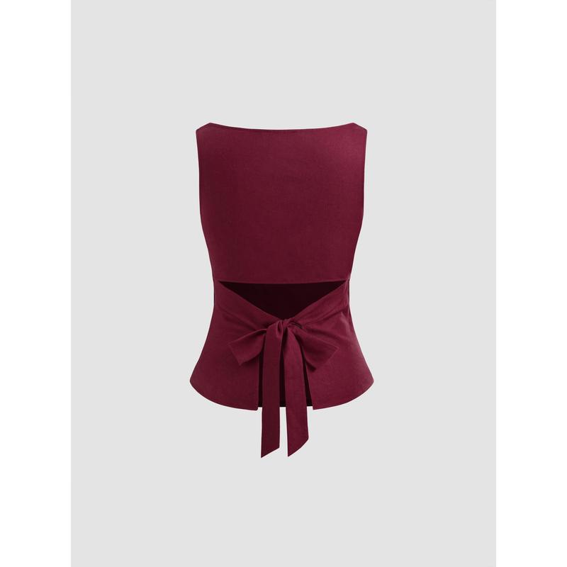 Cider [3 colors, size 0-10] Linen-blend Boat Neckline Solid Bowknot Tank Top