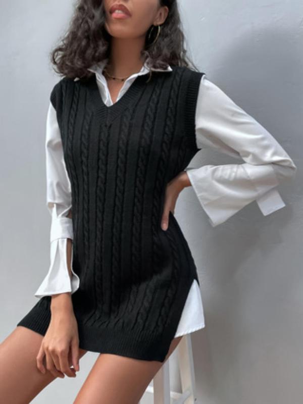 Women's Solid Color Cable Knit Vest Sweater, Casual Sleeveless Knitwear for Fall & Winter, Fashion Ladies' Knit Clothing for Daily Wear