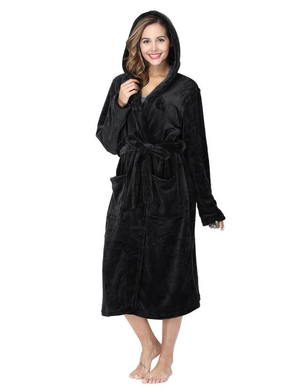 Women Solid Pocket Belted Hooded Robe, Girly Night Clothes, Casual Long Sleeve Fuzzy Dressing Gown for Daily Wear, Women Sleepwear for Fall Winter, Cold Weather Gear, Womenswear, Fall Wear, Fallfreshness, House Coat