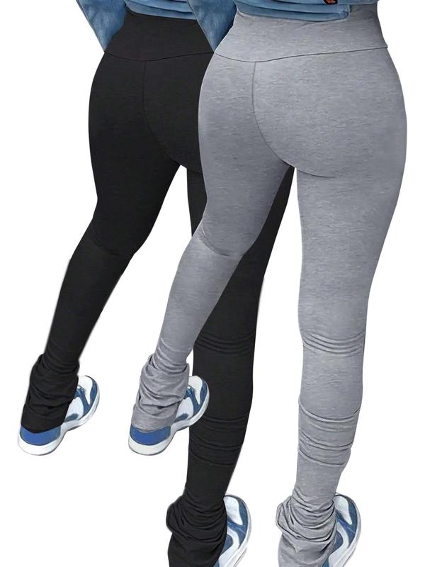 Women's Solid Color Skinny Stacked Pants, Casual Comfy High Waist Trousers for Daily Wear, Ladies Bottoms for All Seasons