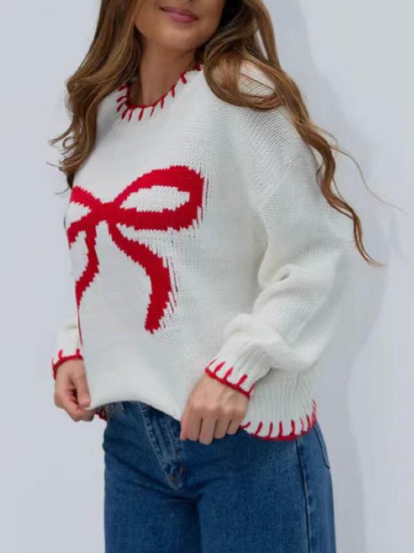 Women's Bow Print Drop Shoulder Sweater, Casual Long Sleeve Round Neck Jumper for Fall & Winter, Fashion Ladies' Knitwear for Daily Wear Christmas