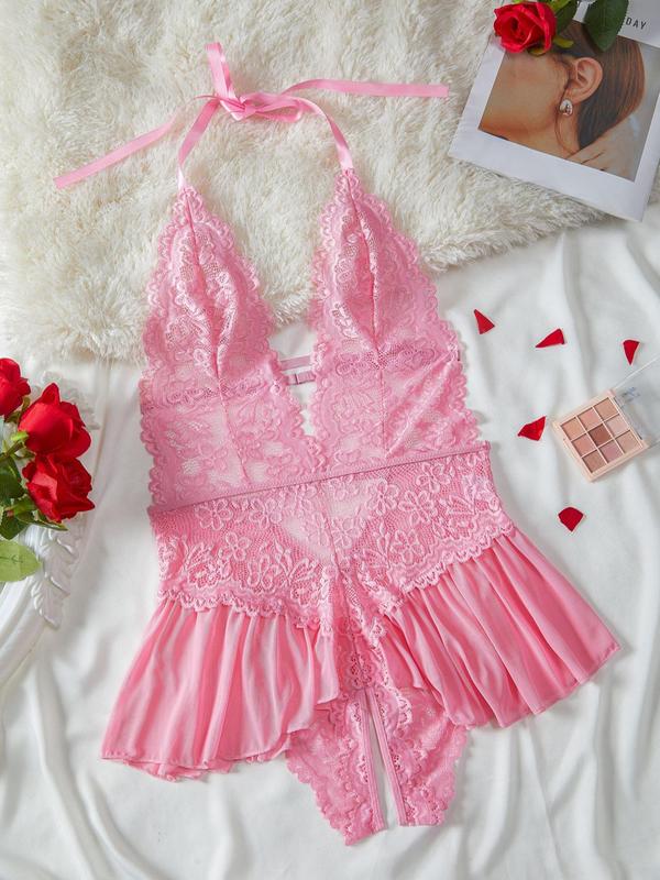 Women's Backless Ruffle Hem Sheer Lace Halter Sexy Lingerie Bodysuit, Open Crotch Design Adjustable Strap Tie Back Bodysuit, Ladies Lingerie for All Seasons