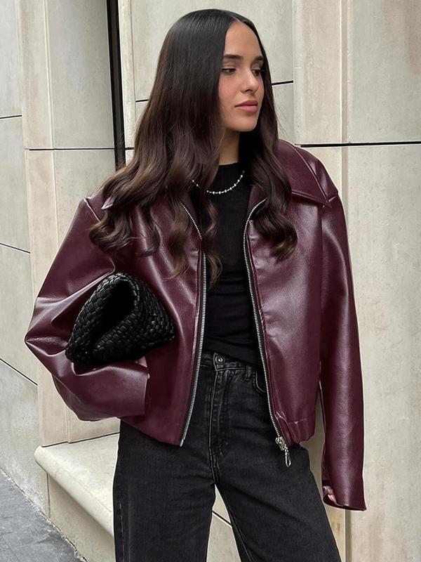 Women's Solid Zip Up Faux Leather Jacket, Casual Drop Shoulder Long Sleeve Collared Outerwear for Fall & Winter, Ladies Clothes for Daily Wear