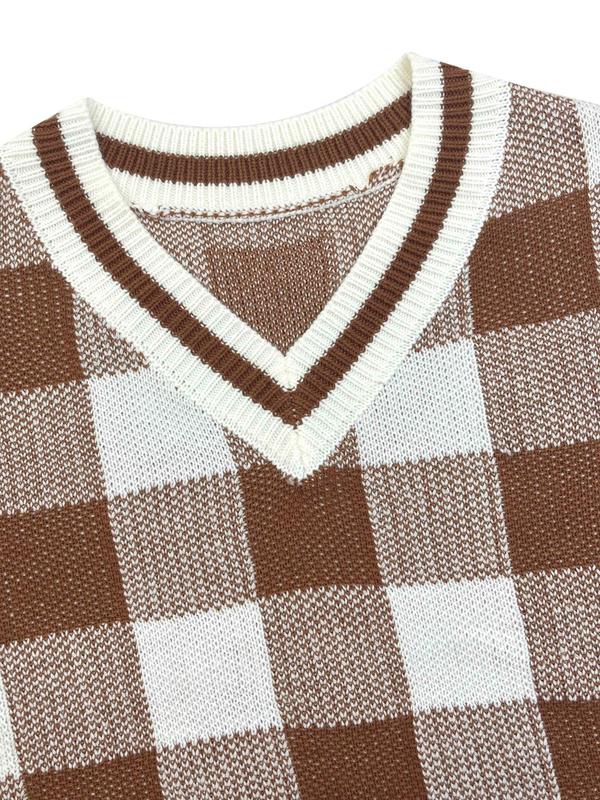 Women's Colorblock Plaid Print V Neck Sweater, Casual Drop Shoulder Long Sleeve Jumper for Spring & Fall, Fashion Women's Knitwear for Daily Wear
