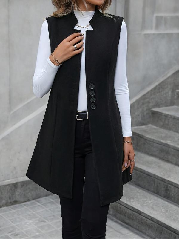 Women's Solid Color Notched Neck Button Pocket Vest Coat, Casual Sleeveless Outerwear for Daily Wear, Ladies Clothes for All Seasons, Winter Clothes Women
