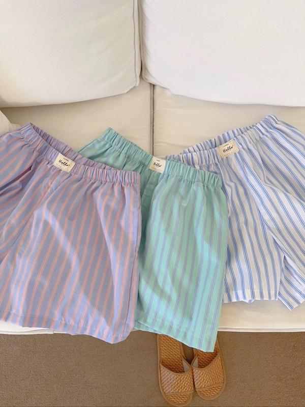 Women's Letter Patched Striped Print High Waist Straight Leg Shorts, Casual Comfy Elastic Waist Shorts for Summer,  Shorts for Women, Fashion Women's Bottoms for Daily Wear, Modesty Shorts