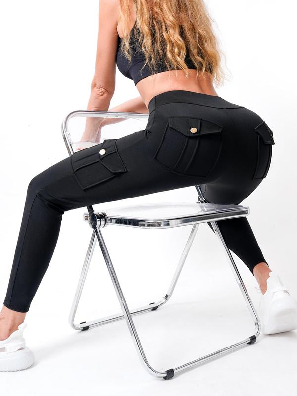 Women's Solid Flap Pocket High Waist Pants, Casual Comfy Button Design Leggings for Daily Wear, Ladies Bottoms for Fall & Winter
