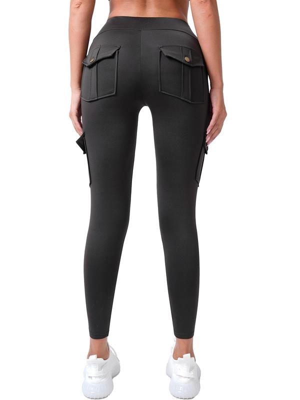 Women's Solid Flap Pocket High Waist Pants, Casual Comfy Button Design Leggings for Daily Wear, Ladies Bottoms for Fall & Winter