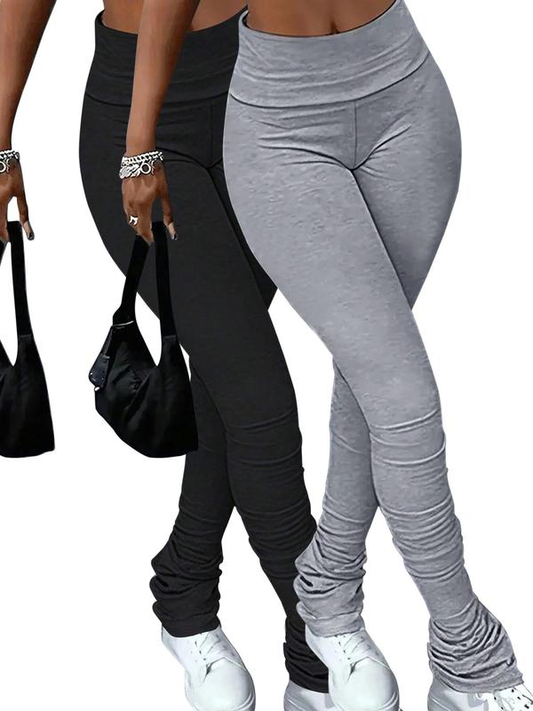 Women's Solid Color Skinny Stacked Pants, Casual Comfy High Waist Trousers for Daily Wear, Ladies Bottoms for All Seasons