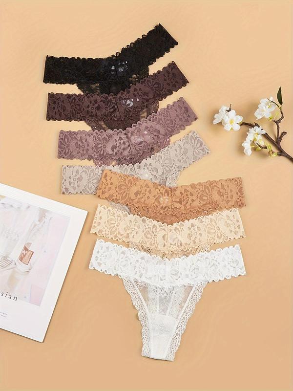 Women's 7pcs Contrast Lace Sheer Nylon Thong, Soft Comfy Breathable Contrast Mesh Knicker for Daily Wear, Underwear for Women,  Panties for Women,  Fashion Underwear for All Seasons