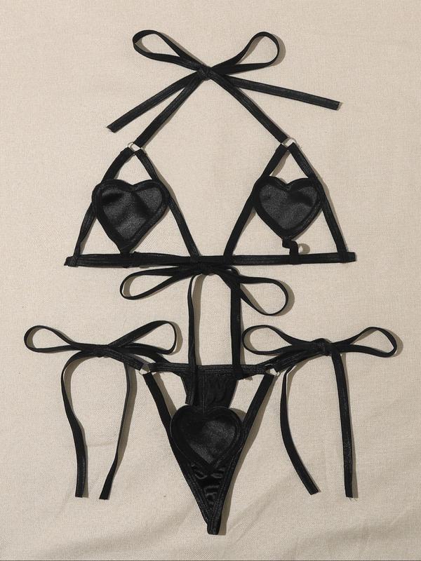 Women's Heart Design Cut Out Ring Linked Sexy Lingerie Set, Chic Sexy Halter Neck Tie Back Bra & Tie Side Thong Set, Ladies Underwear Set for Indoor Wear
