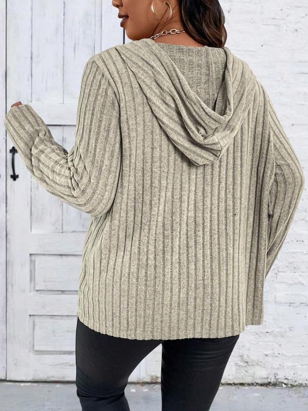  Plus Plain Drawstring Zipper Hooded Coat, Casual Long Sleeve Outerwear For Fall, Women's Clothes For Daily Wear