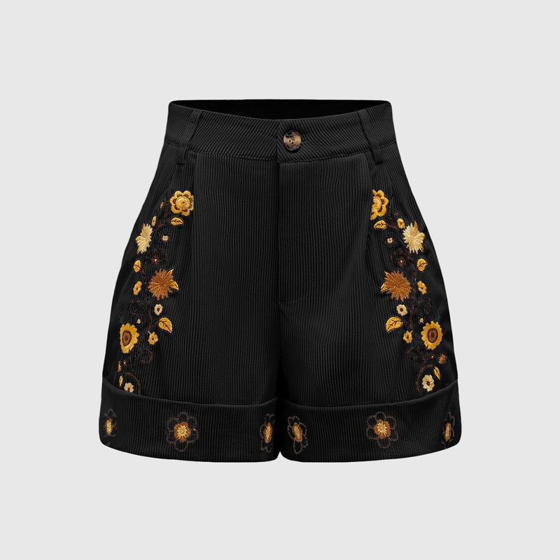 ROMWE Hippie Bohemian Style Floral Embroidered Loose Cuffed Women's Shorts