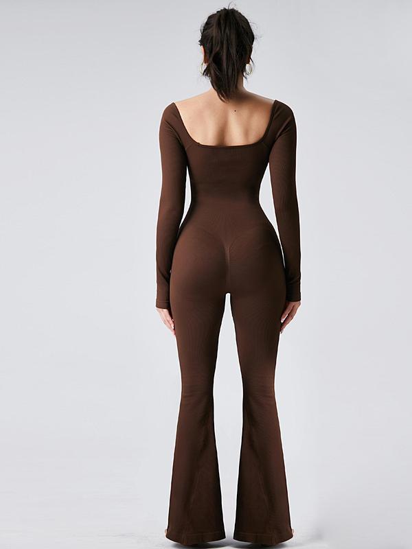 Women's Solid Square Neck Sports Flare Leg Jumpsuit, Sporty Comfy Long Sleeve Bell Bottom Tummy Control Jumpsuit for Yoga Gym Workout, Ladies Sportswear for Fall & Winter