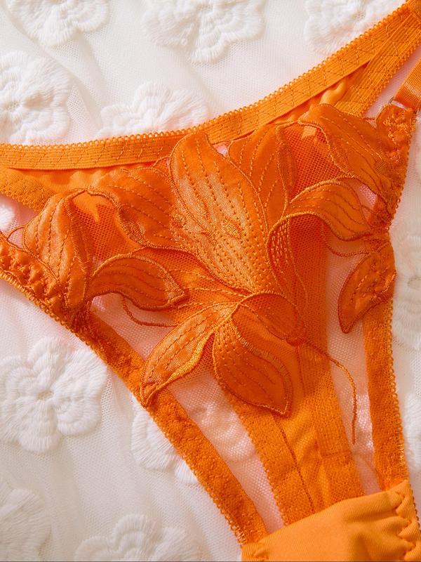 Women's Floral Embroidery Sheer Mesh Lingerie Set, Elegant Adjustable Strap Underwire Push Up Bra & Thong, Soft Comfy Breathable Lingerie Set for Women