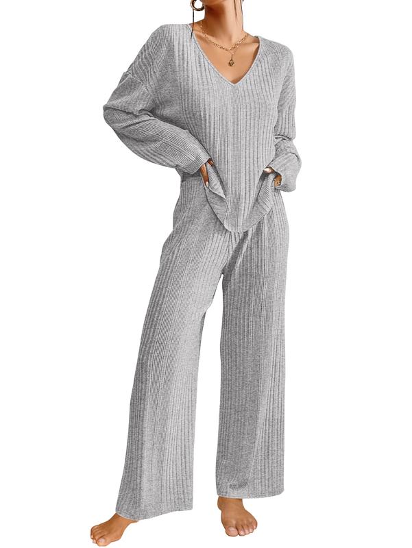 Ekouaer Women's Ribbed Knitted V-neck Long Sleeve Top and Wide Leg Pants Casual Pajama Set 2-piece Set Casual Pajama Set