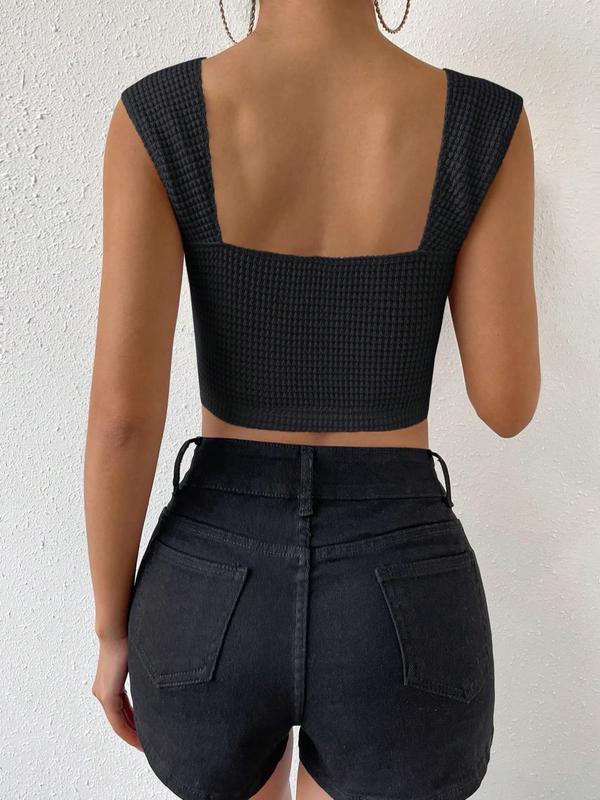 Women's Plain Waffle Knit Sweetheart Neck Crop Tank Top, Casual Drop Shoulder Sleeveless Cropped Top for Summer, Ladies Clothes for Daily Wear