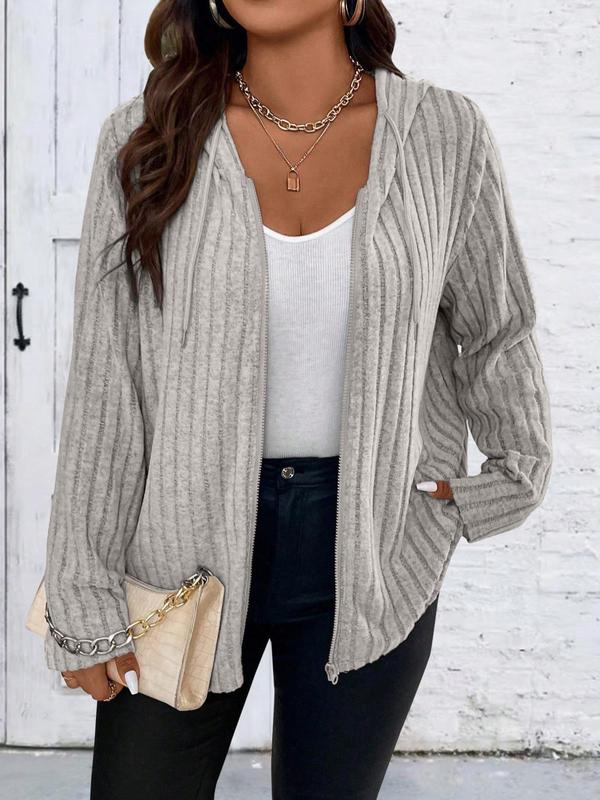  Plus Plain Drawstring Zipper Hooded Coat, Casual Long Sleeve Outerwear For Fall, Women's Clothes For Daily Wear