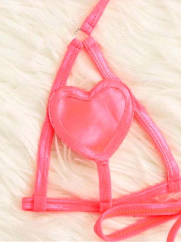 Women's Heart Design Cut Out Ring Linked Sexy Lingerie Set, Chic Sexy Halter Neck Tie Back Bra & Tie Side Thong Set, Ladies Underwear Set for Indoor Wear