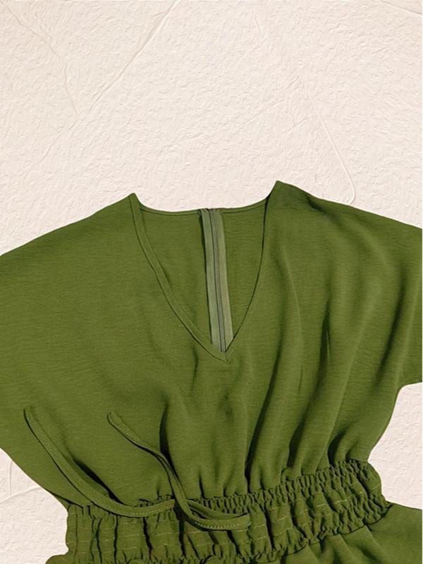 Women's Plain Drawstring High Waist Romper, Casual Batwing Sleeve V Neck Romper for Summer, Women's Clothing for Daily Wear