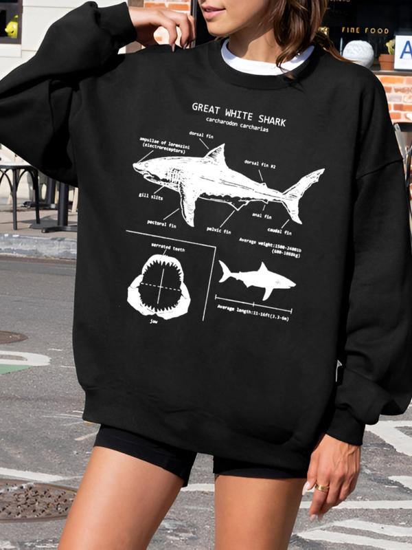 Women's Great White Shark Letter Print Drop Shoulder Sweatshirt, Casual Long Sleeve Round Neck Pullover for Fall & Winter, Sweatshirts for Women, Women's Clothes for Daily Wear