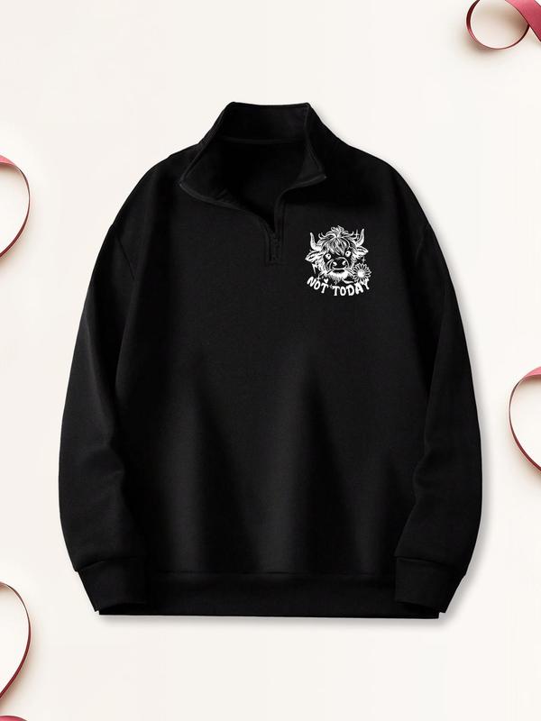 Women's Highland Cow & Letter Print Thermal Lined Sweatshirt, Casual Long Sleeve Pullover for Fall & Winter, Women's Clothes for Daily Wear