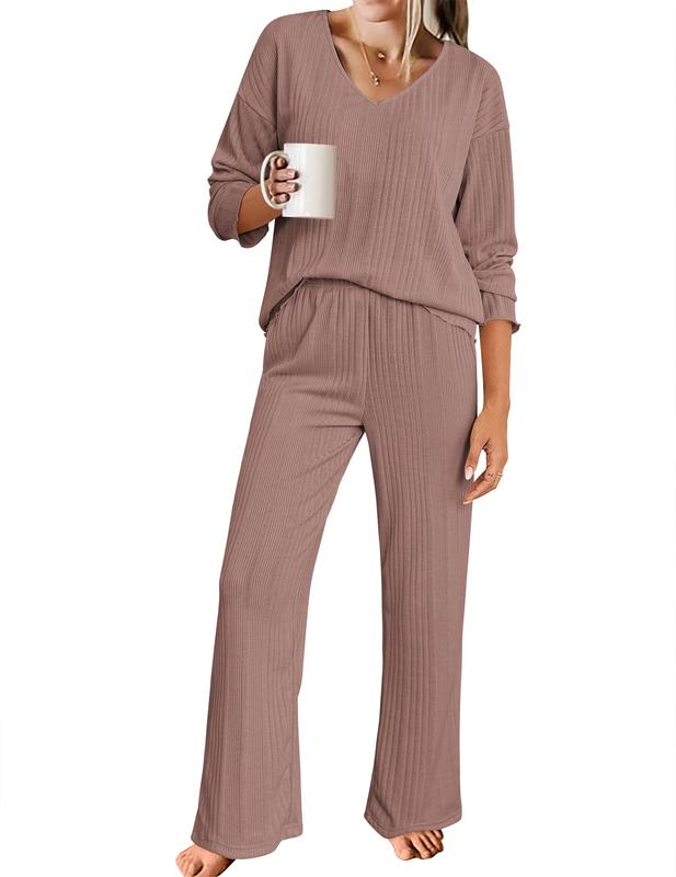 Ekouaer Women's Ribbed Knitted V-neck Long Sleeve Top and Wide Leg Pants Casual Pajama Set 2-piece Set Casual Pajama Set