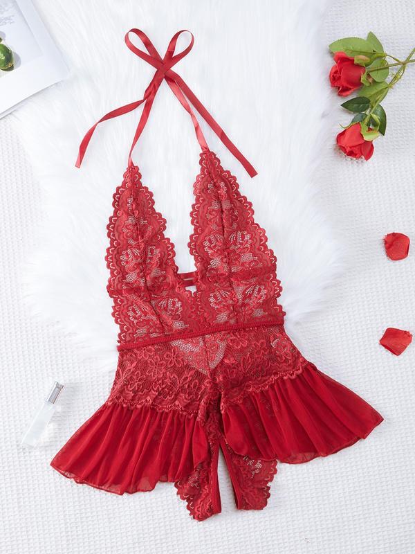 Women's Backless Ruffle Hem Sheer Lace Halter Sexy Lingerie Bodysuit, Open Crotch Design Adjustable Strap Tie Back Bodysuit, Ladies Lingerie for All Seasons