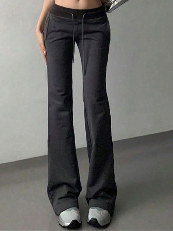 Women's Plain Drawstring Waist Flare Leg Sweatpants, Casual Pocket Design Trousers for Daily Wear, Ladies Bottoms for All Seasons