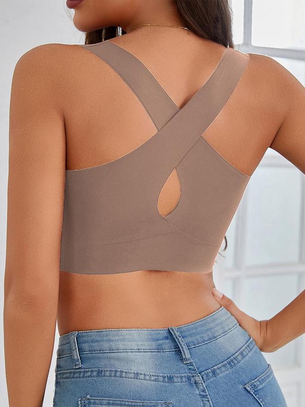 Women's Solid Criss Cross Backless Bralette, Casual Comfortable Breathable Wireless Bra, Lingerie for All Seasons