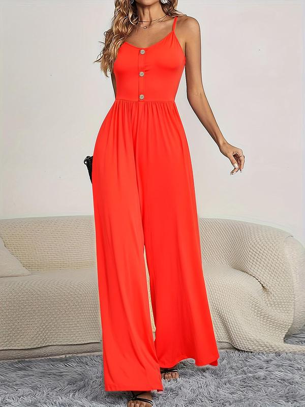 Women's Solid Backless Button Front Wide Leg Jumpsuit, Casual Adjustable Strap High Waist Jumpsuit for Daily Wear, Ladies Clothes for All Seasons