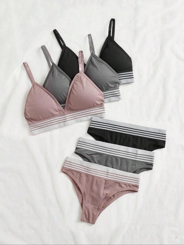 Women's Colorblock Striped Tape Bra & Panty Set, Adjustable Strap Wireless Bra & Panty Set, Soft Comfy Breathable Underwear Set for Women