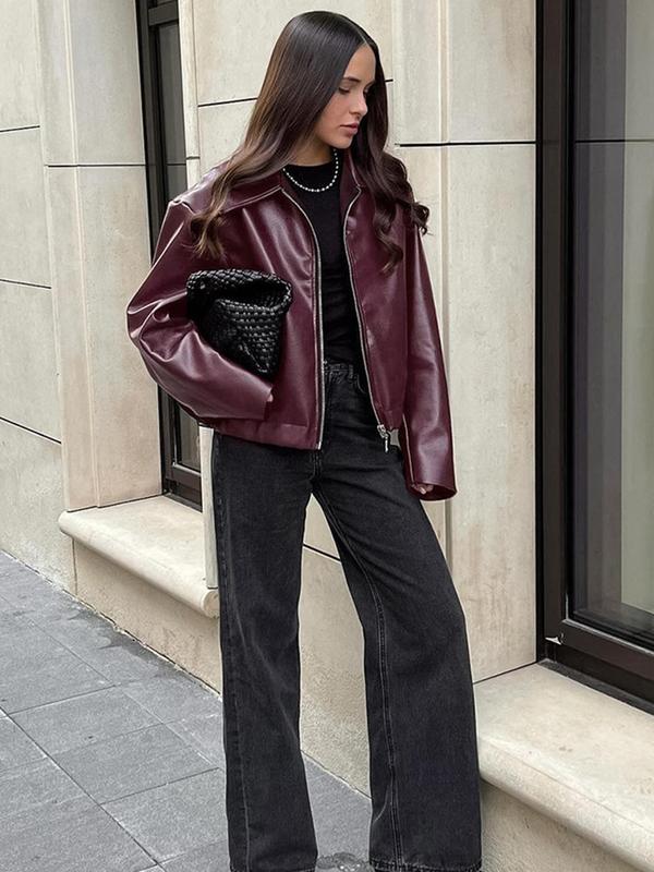 Women's Solid Zip Up Faux Leather Jacket, Casual Drop Shoulder Long Sleeve Collared Outerwear for Fall & Winter, Ladies Clothes for Daily Wear
