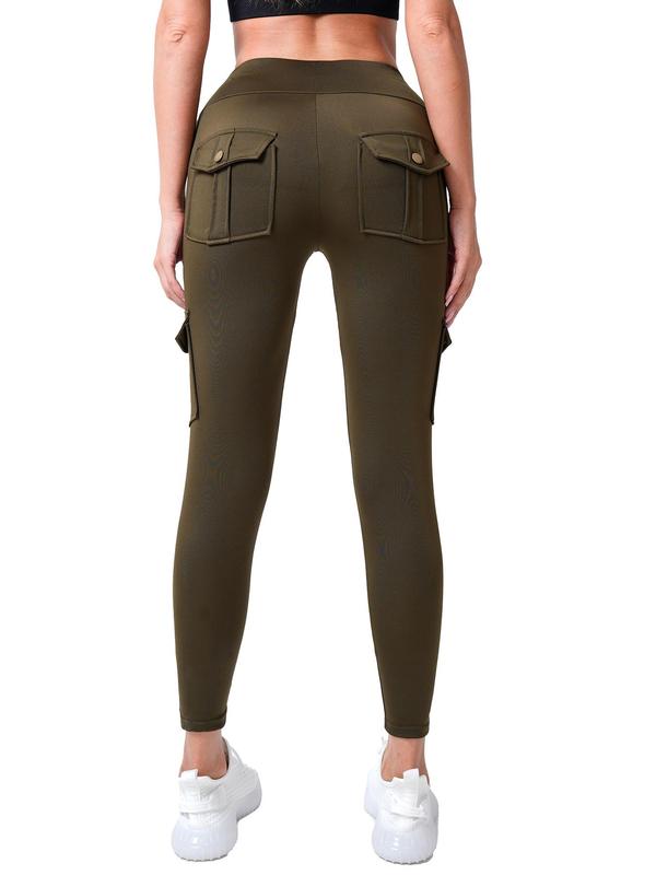 Women's Solid Flap Pocket High Waist Pants, Casual Comfy Button Design Leggings for Daily Wear, Ladies Bottoms for Fall & Winter
