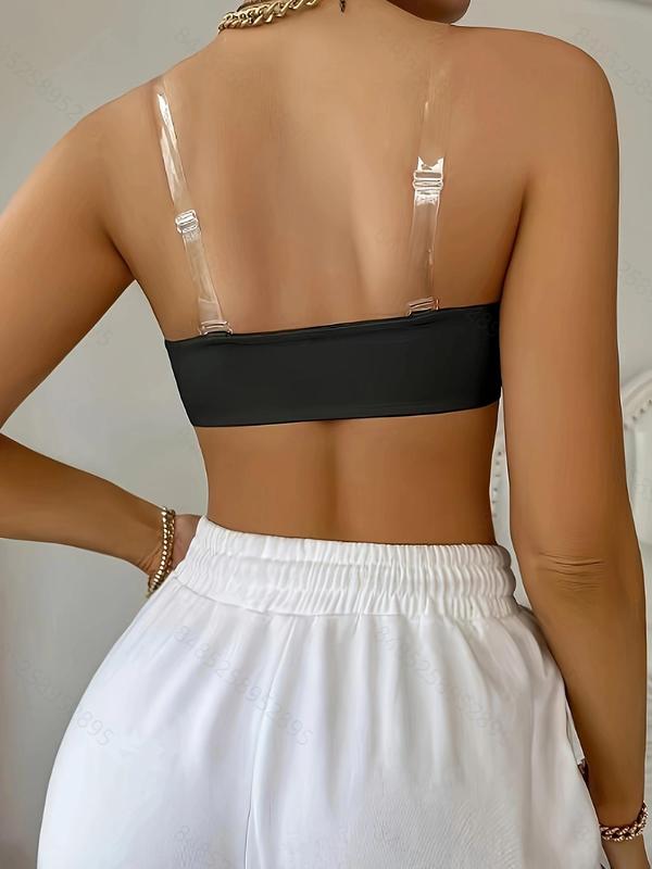 Women's Solid Color Wireless Bra with Clear Bra Straps, Hook & Eye Front Push Up Bralette, Women's Lingerie for All Seasons