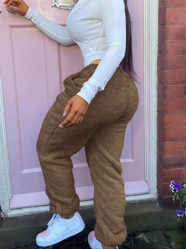 Women's Solid Color Pocket Elastic Waist Fuzzy Pants, Casual Comfy Warm Trousers for Fall & Winter, Women's Clothing for Daily Wear