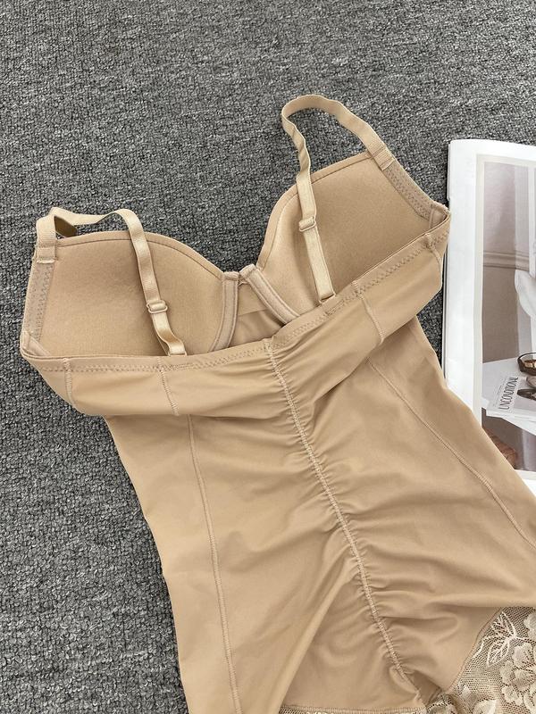 Women's Contrast Lace Ruched Hook & Eye Closure Crotch Shapewear Cami Bodysuit, Casual Comfy Breathable Semi-sheer Shapewear Bodysuit for Daily Wear, Women's Shapewear for All Seasons