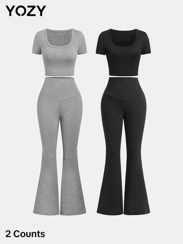 YOZY 2 Sets Short Sleeve Crop Top & High Waist Flare Leg Pants Set  Square Neck Tee & Strechy Trousers Set, 2024 Women's Daily Wear for Summer & Fall