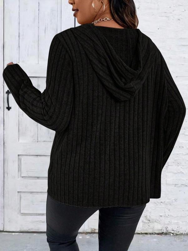  Plus Plain Drawstring Zipper Hooded Coat, Casual Long Sleeve Outerwear For Fall, Women's Clothes For Daily Wear
