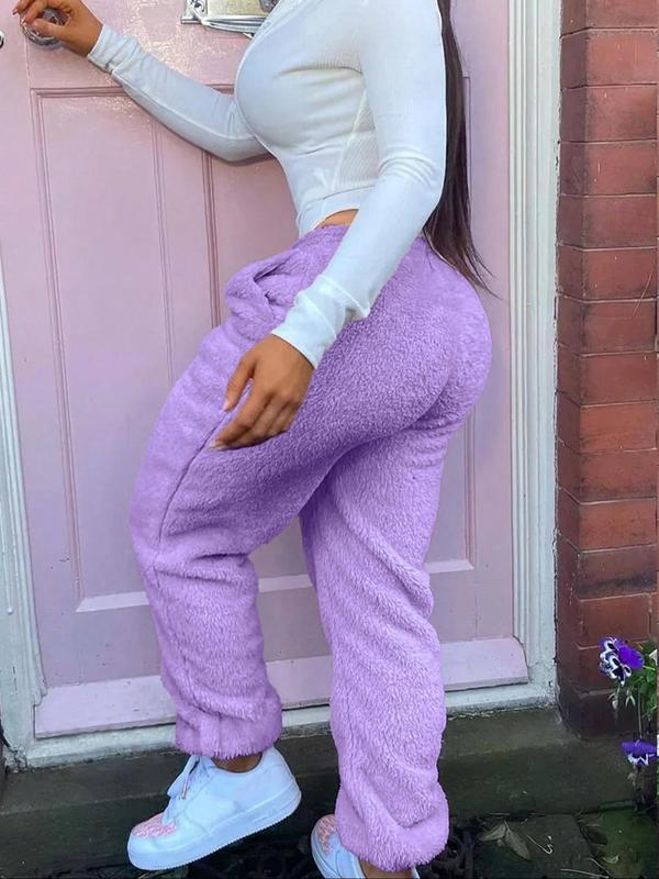 Women's Solid Color Pocket Elastic Waist Fuzzy Pants, Casual Comfy Warm Trousers for Fall & Winter, Women's Clothing for Daily Wear