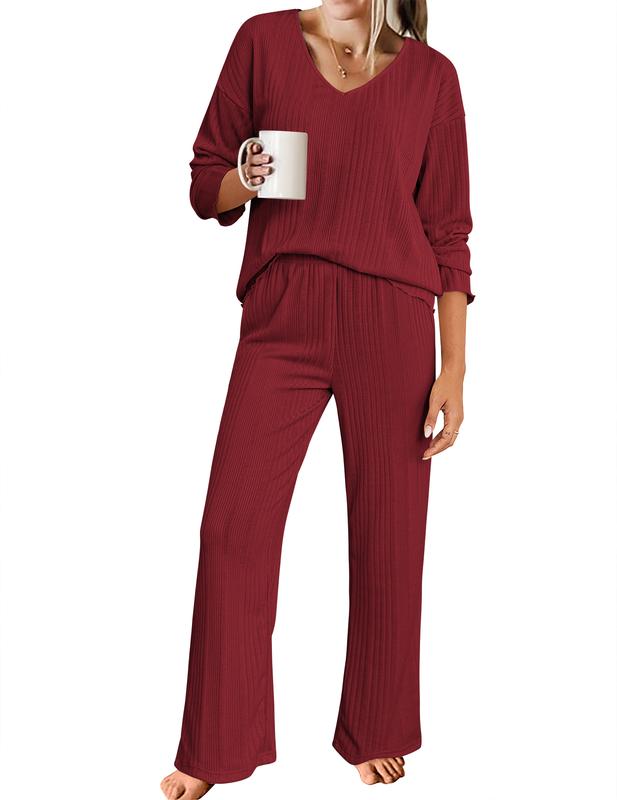 Ekouaer Women's Ribbed Knitted V-neck Long Sleeve Top and Wide Leg Pants Casual Pajama Set 2-piece Set Casual Pajama Set