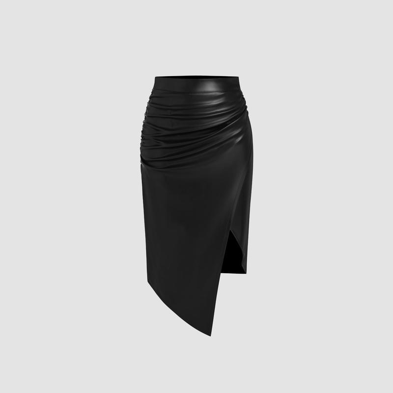 Cider [size 2-10] Faux Leather Mid Rise Solid Ruched Split Midi Skirt