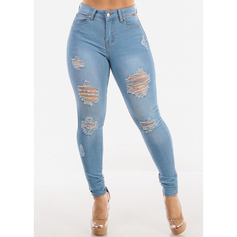High Waist Distressed Stretchy Skinny Jeans Light Blue