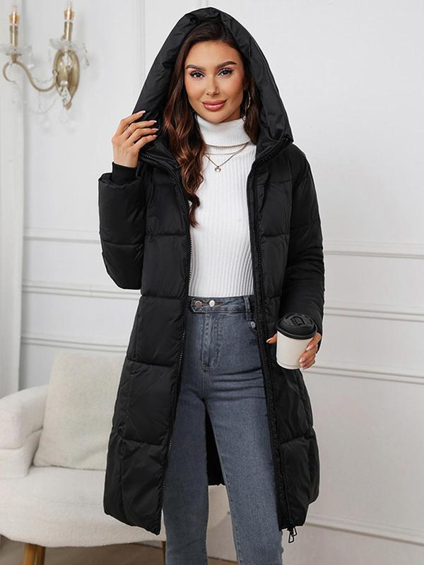 Women's Solid Zip Up Pocket Design Winter Coat, Casual Long Sleeve Thermal Outerwear for Fall & Winter, Women's Clothing for Daily Wear