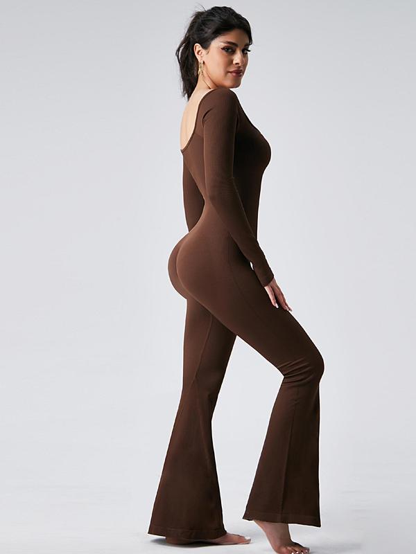 Women's Solid Square Neck Sports Flare Leg Jumpsuit, Sporty Comfy Long Sleeve Bell Bottom Tummy Control Jumpsuit for Yoga Gym Workout, Ladies Sportswear for Fall & Winter