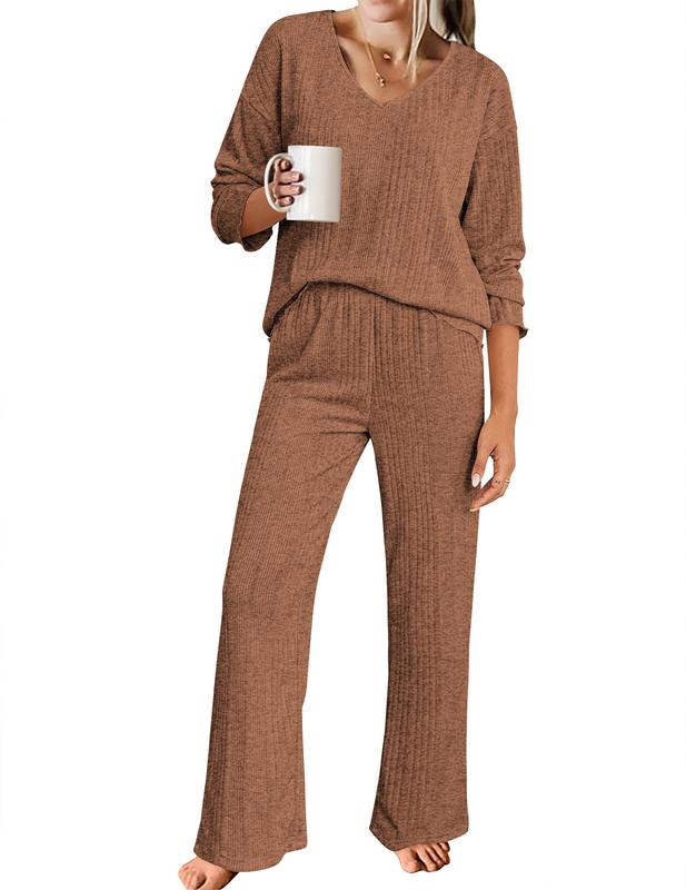 Ekouaer Women's Ribbed Knitted V-neck Long Sleeve Top and Wide Leg Pants Casual Pajama Set 2-piece Set Casual Pajama Set